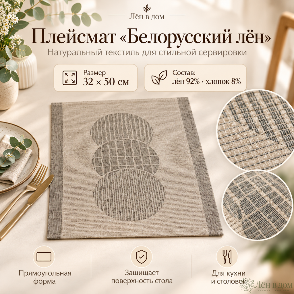 Льняной плейсмат «Белорусский лён» — 32 × 50 см