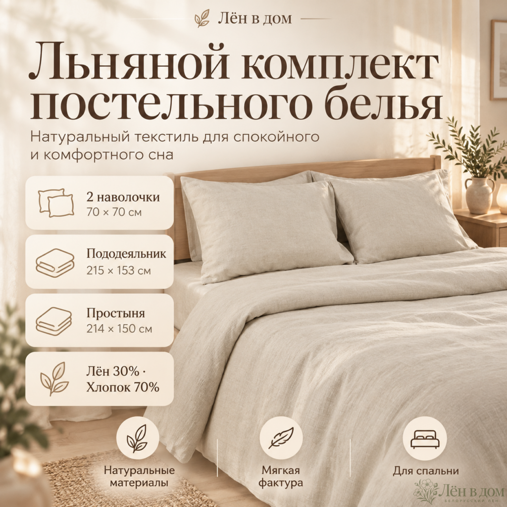 Льняной комплект постельного белья «Натуральный» — 1,5-спальный