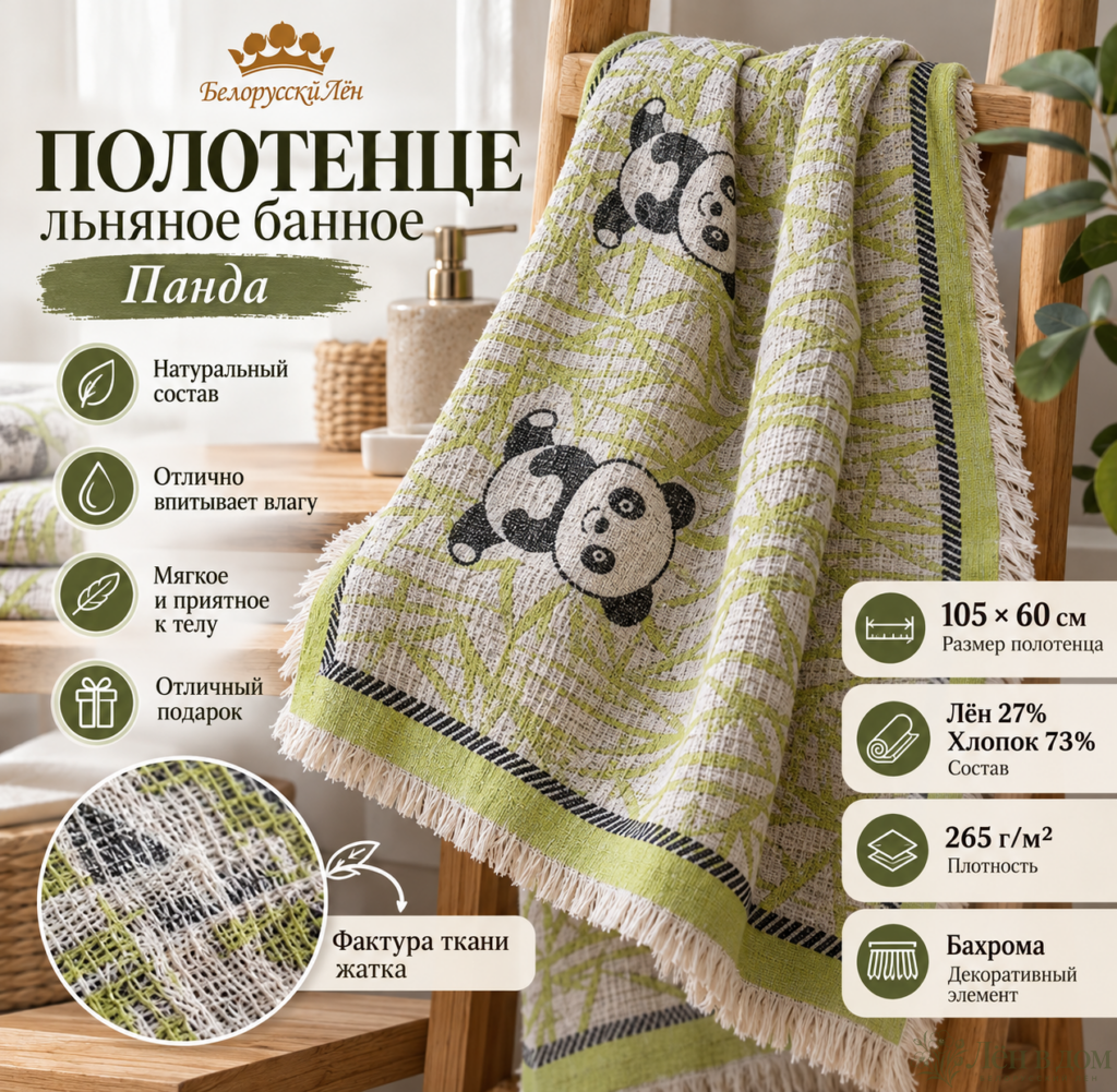 Льняное банное полотенце «Панда» — 105 × 60 см